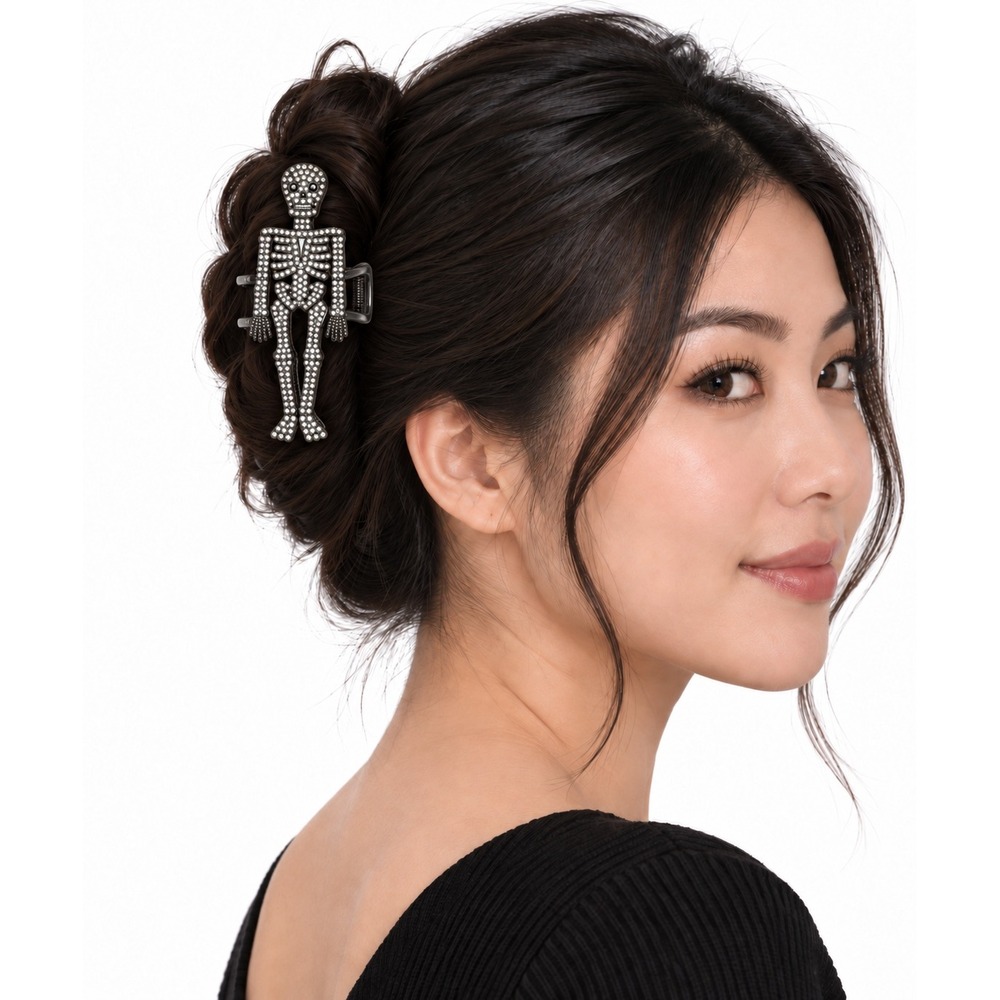 Piper K Rhinestone Skeleton Hair Claw Clip Gunmetal Halloween Goth NEW 110-76